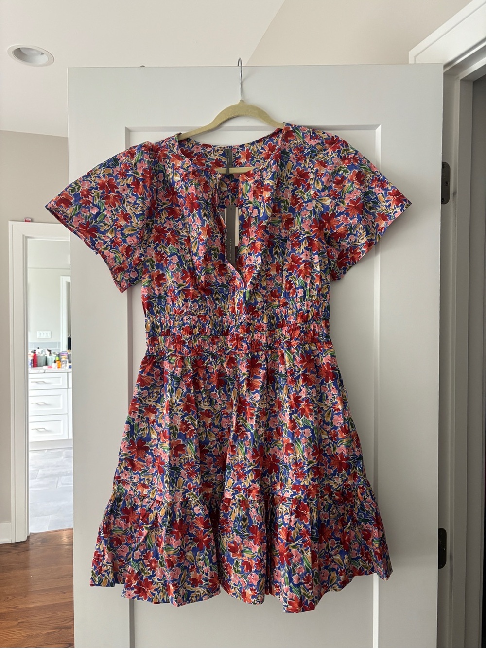 Anthropologie Red Floral Short Sleeve Tiered Mini Dress- never worn tags on